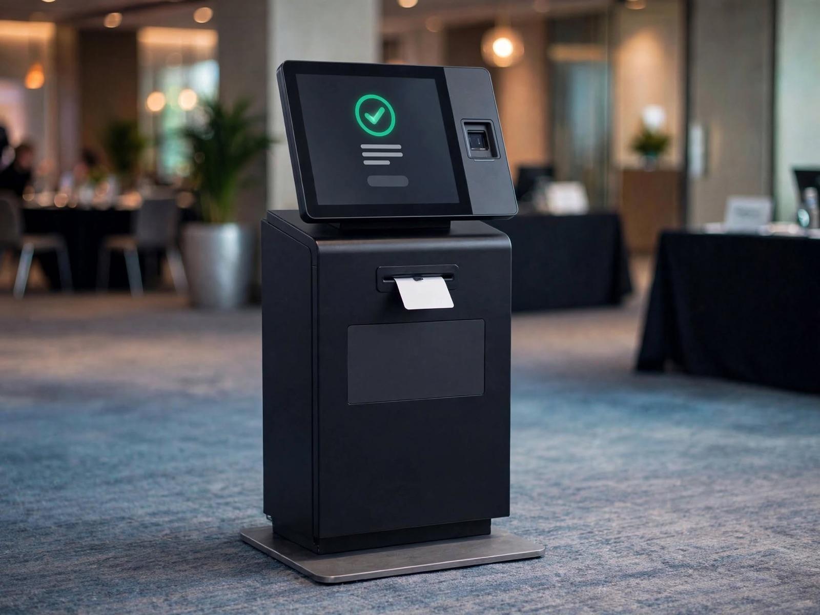 Kiosk cetak mandiri dengan layar sentuh dan badge keluar dari slot di bawahnya