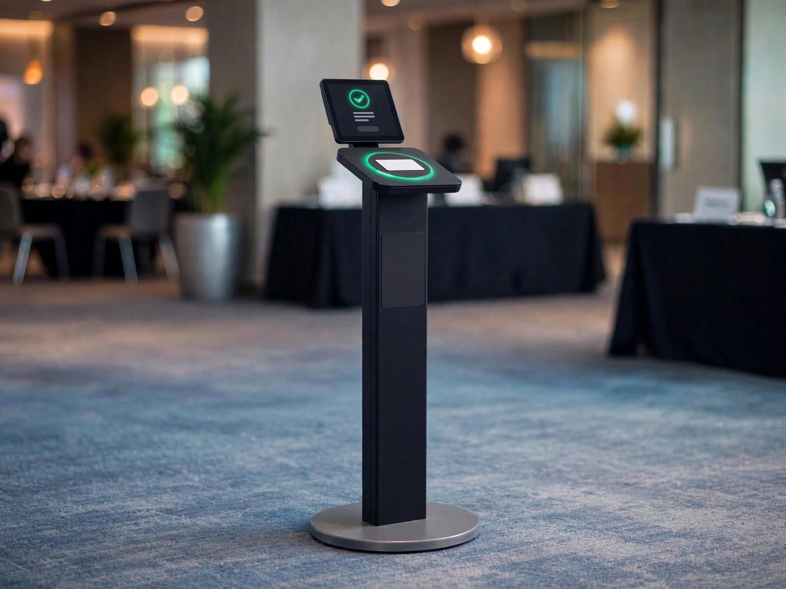Pedestal tap NFC dengan pad melingkar menyala hijau dan layar status kecil