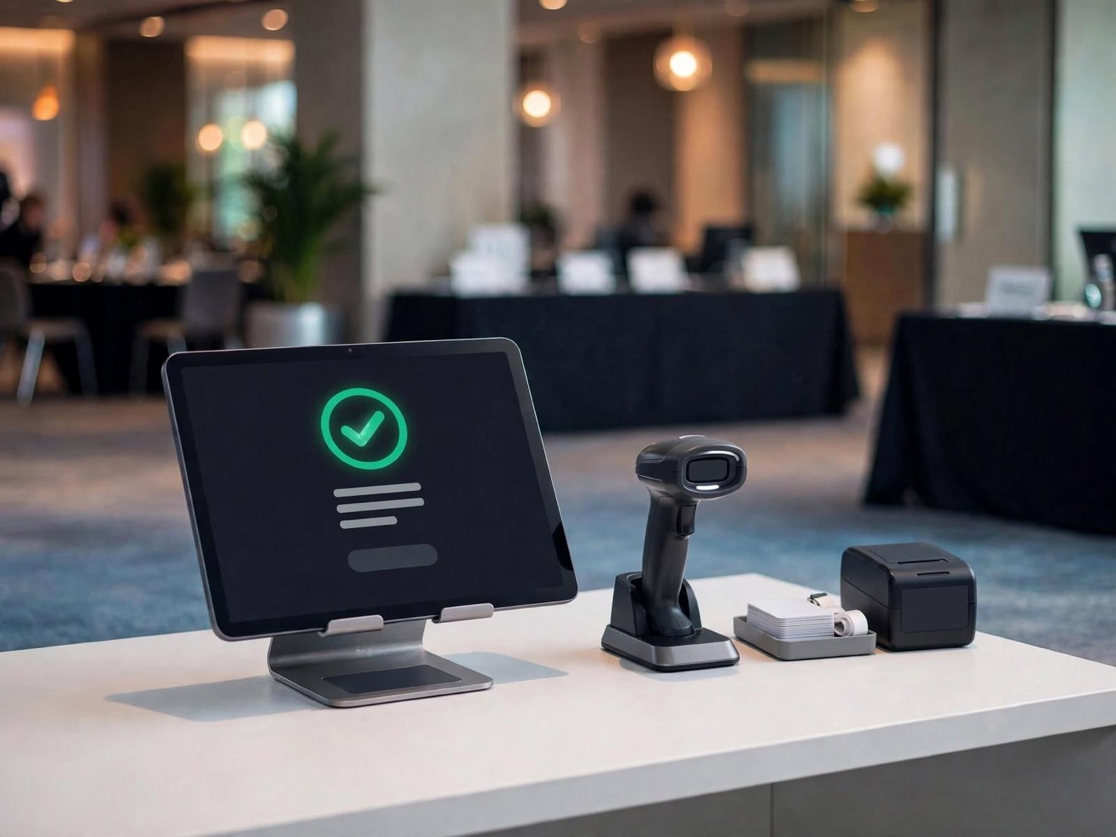 Meja registrasi berisi tablet, scanner barcode, printer badge, dan tray lanyard
