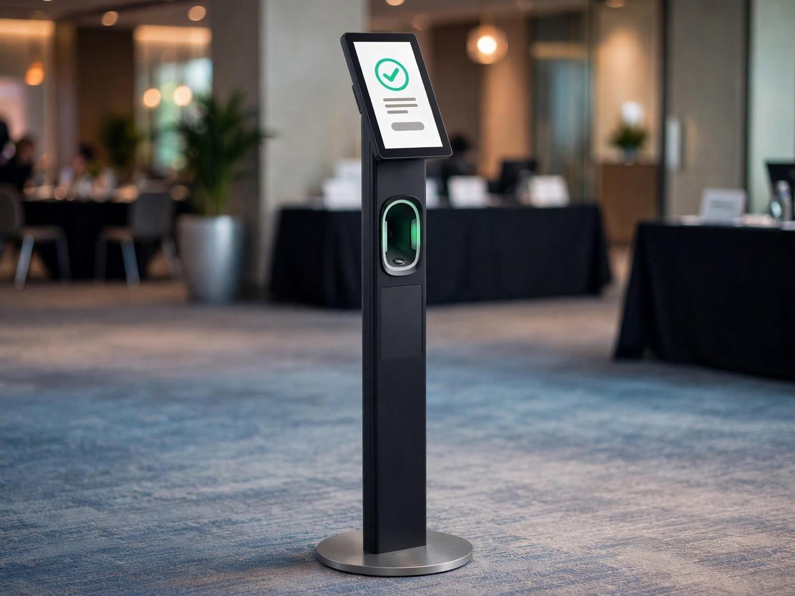 Tower check-in berdiri di area registrasi, dengan layar dan scanner di tiangnya