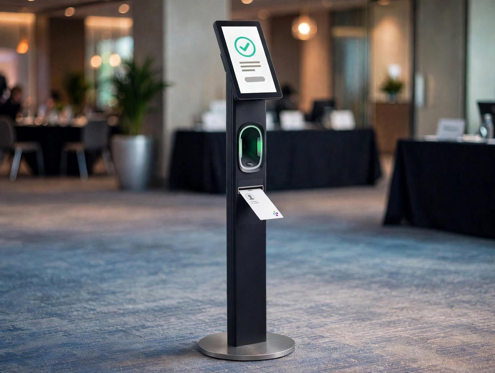 Tower check-in dengan badge yang sedang keluar dari slot di bawah scanner
