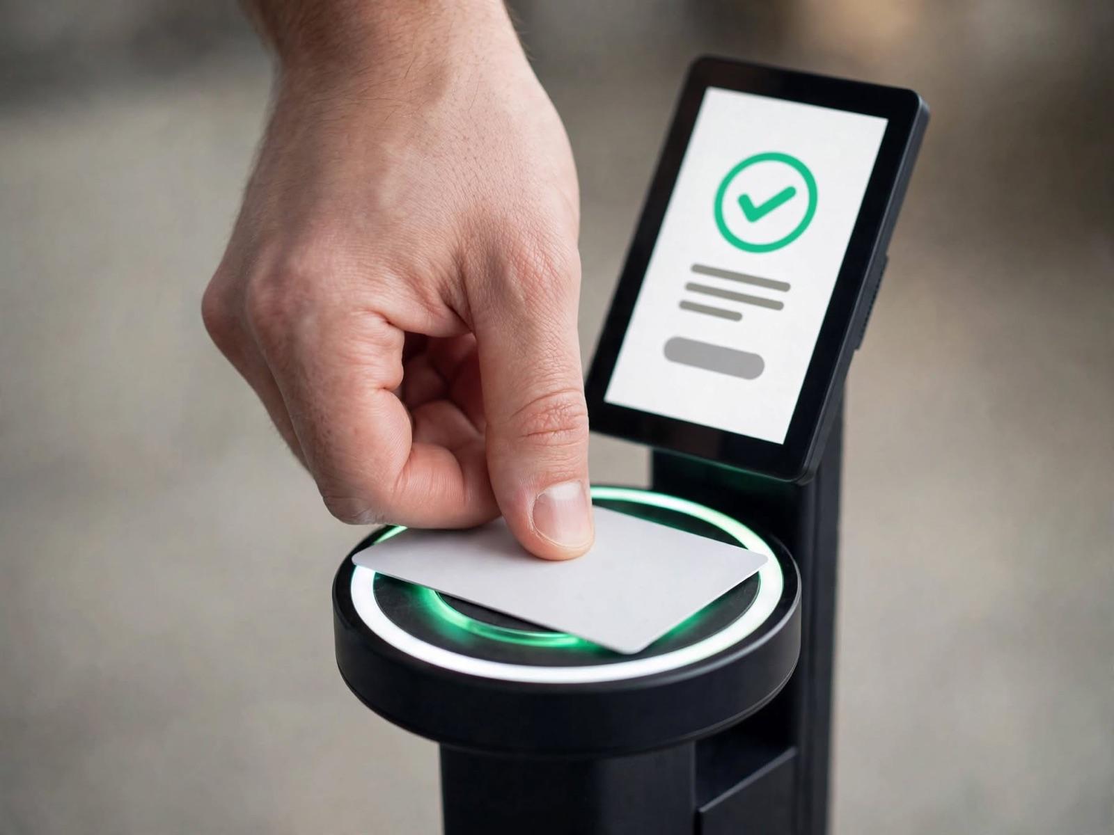 Tangan menempelkan kartu ke pad NFC yang menyala hijau