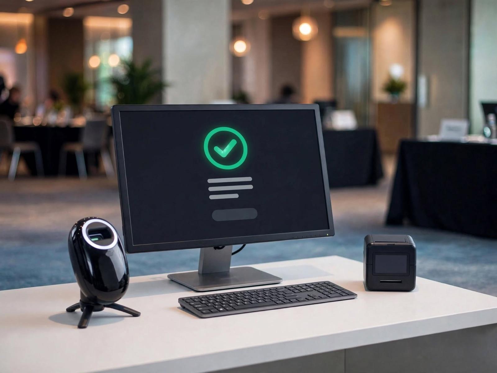 Konter registrasi dengan monitor besar, keyboard, scanner, dan printer badge
