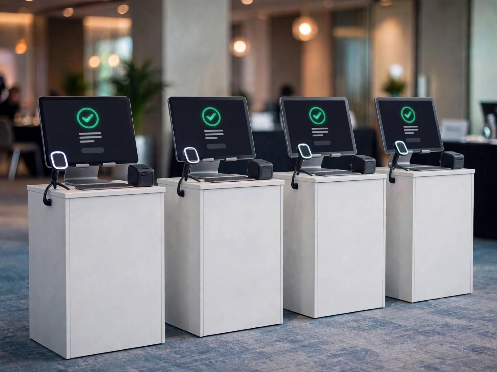 Empat stasiun registrasi berjajar di area foyer sebuah venue