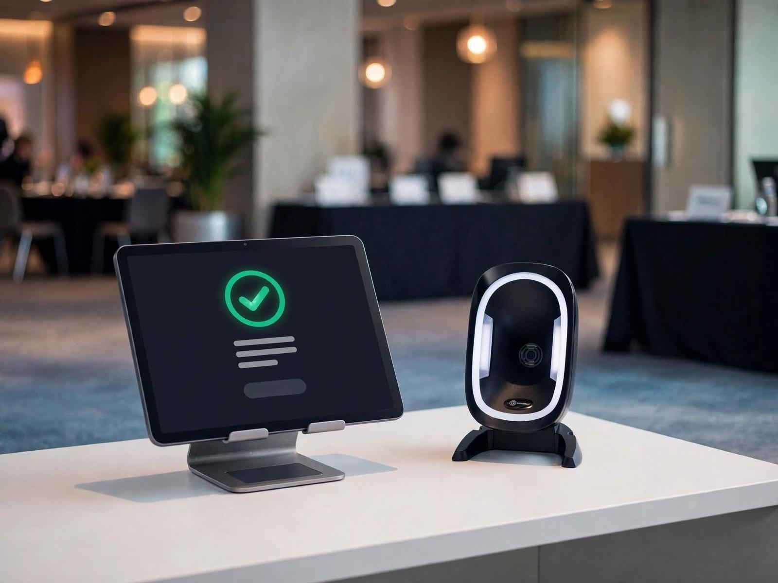 Tablet di stand bersama scanner barcode di atas meja registrasi