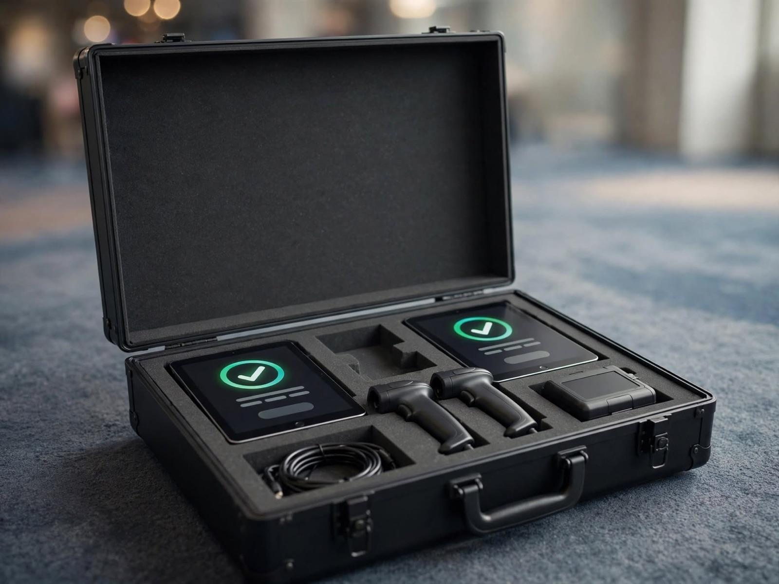 Hard case terbuka berisi tablet, scanner, printer, dan kabel yang tertata di foam