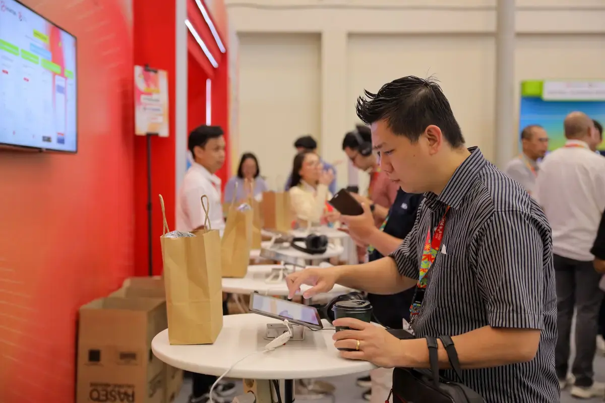 Goodie bags set out at an event's tablet stations